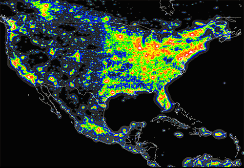 Map of light pollution for the lower 48 states