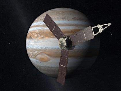 Small image of spacecraft Juno and Jupiter.